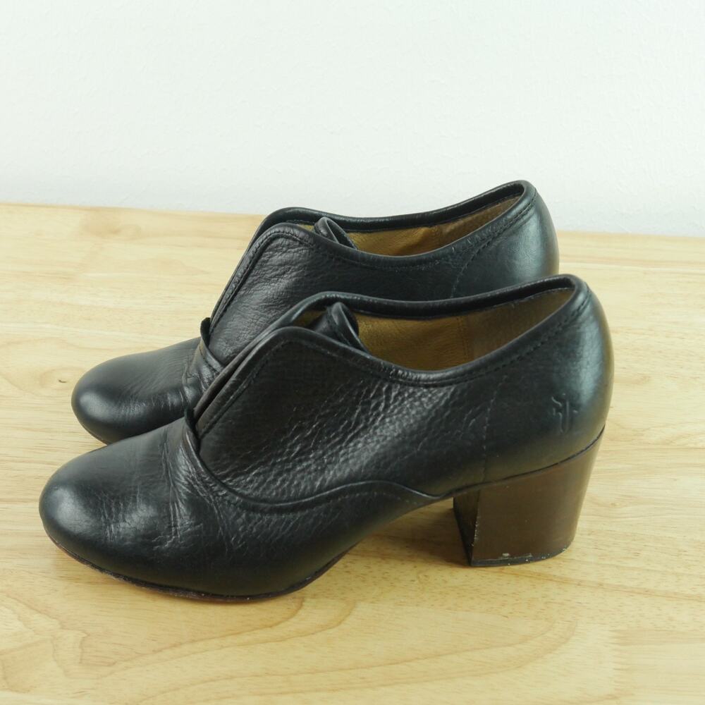 Frye Stella Slip On Bootie Size 7.5 Black Leather Chunky Heel Academia Round Toe - Picture 6 of 15